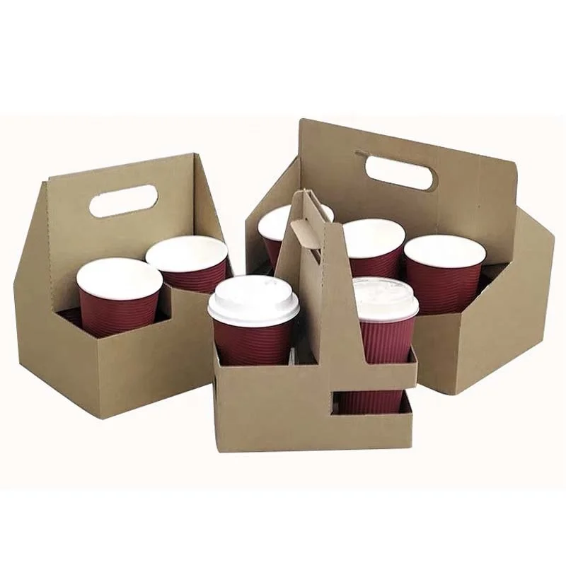 custom logo kraft folding take out drinks carriers coffee cup holders flat shipment 2-pack 4-pack 6-pack customized drinks cases