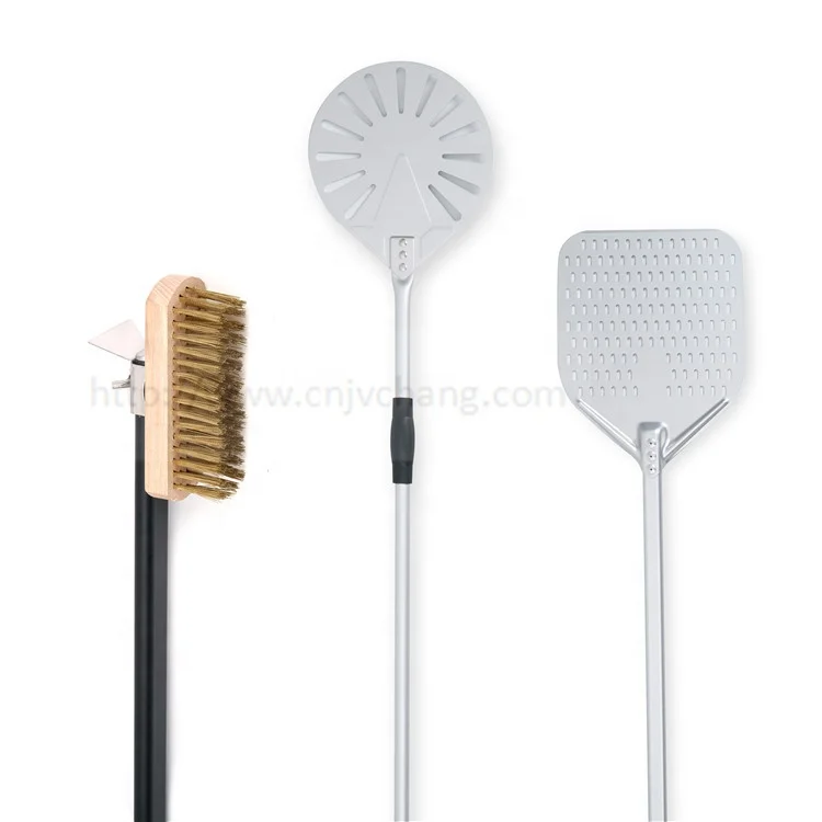 Professional Anodized Aluminum Perforated Pizza Peel Shovel and Round Turning Peel Pizza Oven Brush Baking Tool Set
