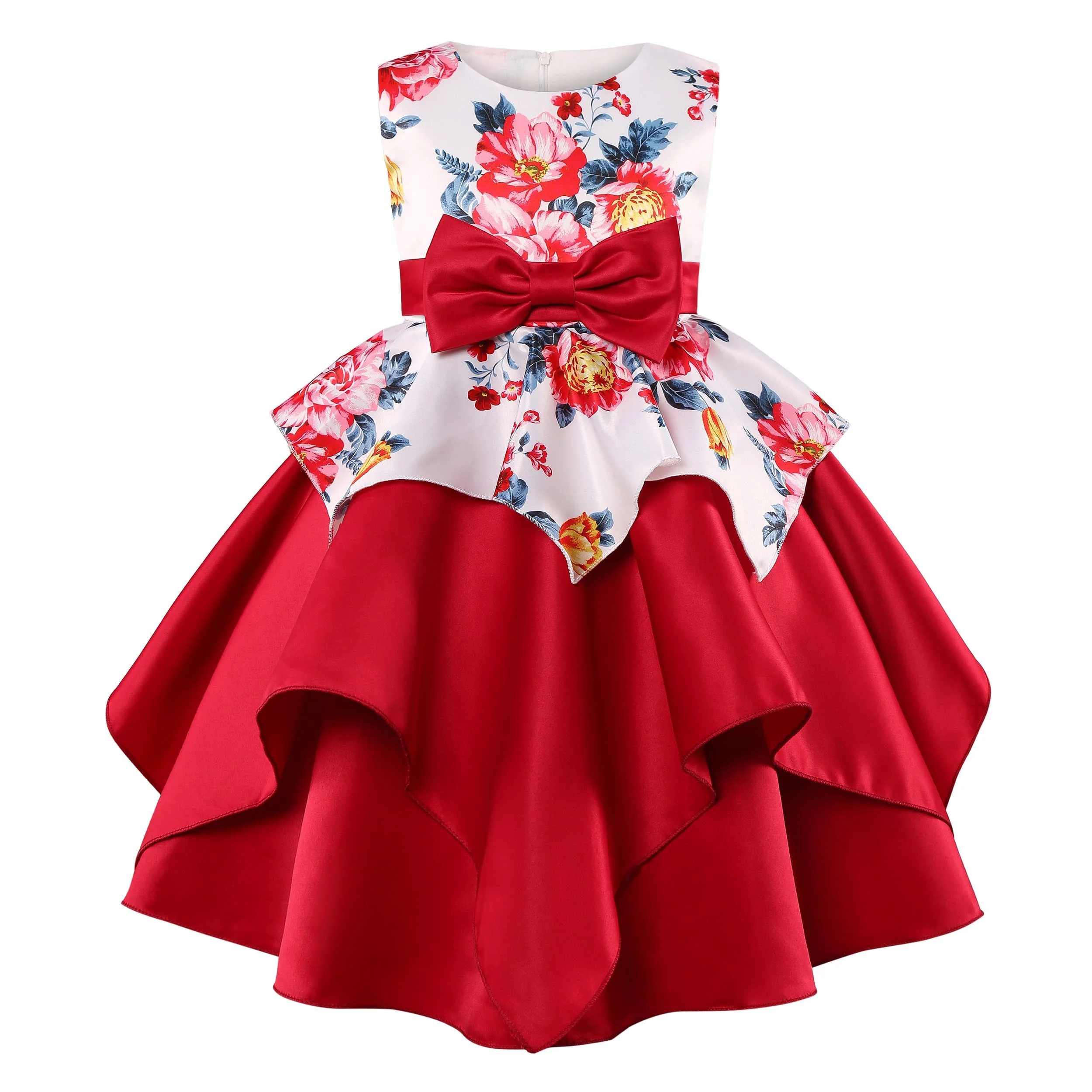 Kids Girls Summer Floral Print  Dress With Bow Cotton Material For Wedding Evening Party Dress Flower Girl Dress