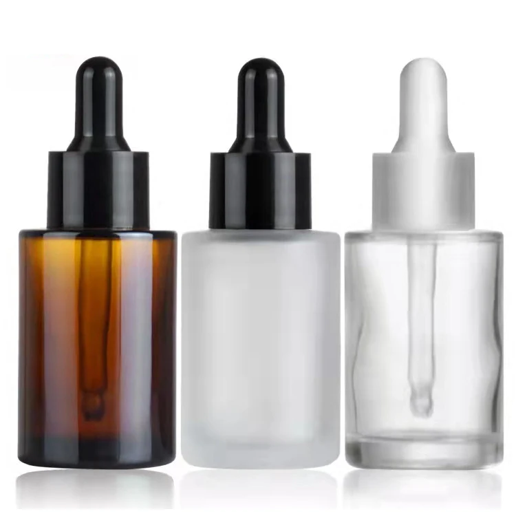 1 oz 30 ml  serum packaging Round transparent Glass Bottle with Glass frosted amber Flat shoulders Dropper for essential oils