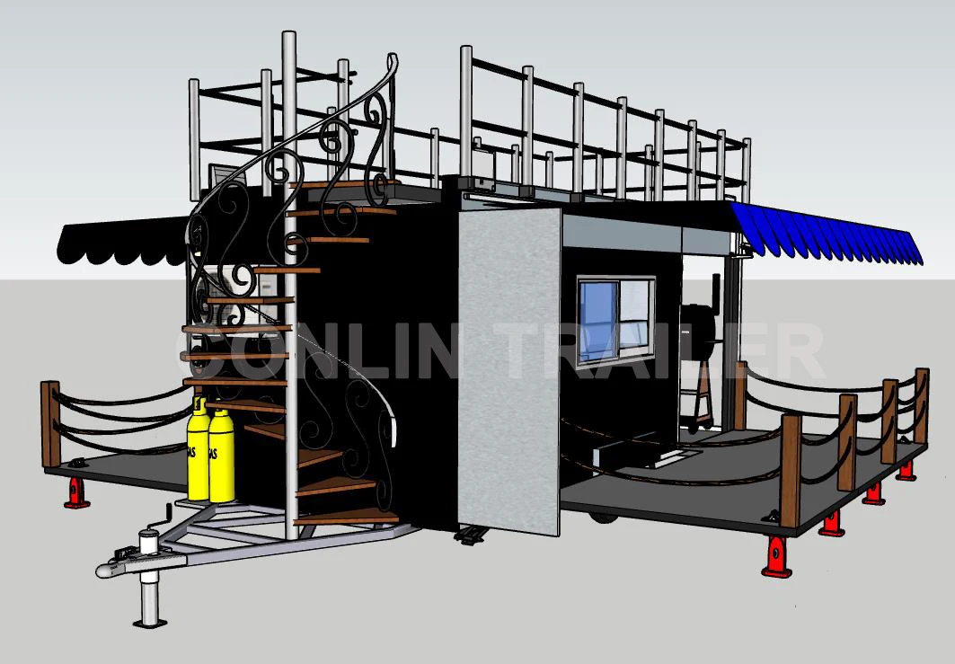 Mobile bar truck with seats 5 meters food trailer with seats up top