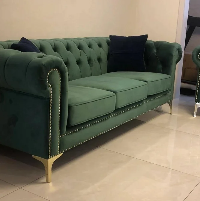 American style modern simple sofa button tufted dark green velvet sofa light luxury fabric living room sofa