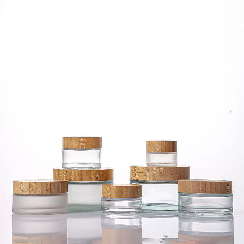 High Quality 5g 15g 30g 50g 100g Frosted Transparent Body Cosmetic Bottle Jars Set Cosmetic Container Glass Cream Jar With Bambo