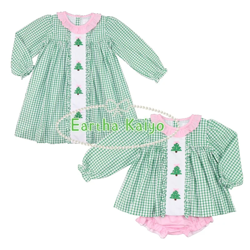 smocked children clothing Christmas kids dresses for girls woven gingham ruffle baby clothing sets