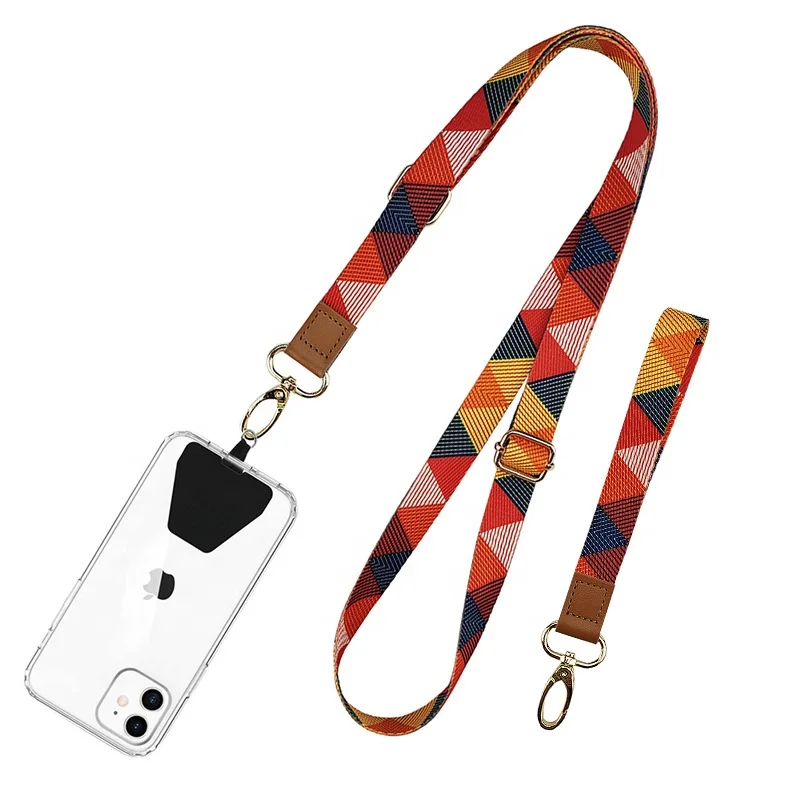 Wholesale adjustable sublimation mobile phone necklace leather crossbody wrist lanyard straps with phone patch for phone case