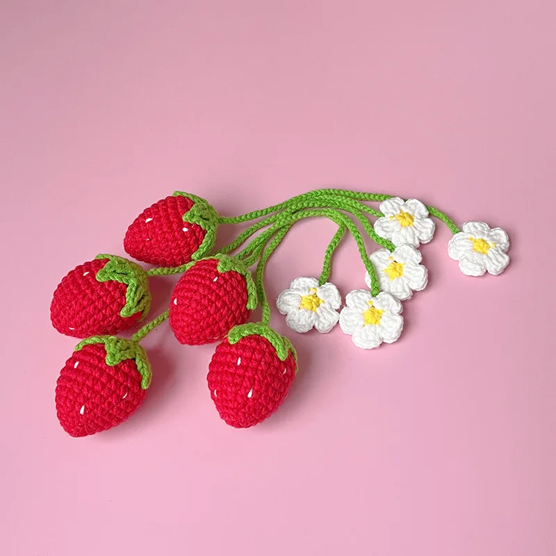 Hand Knitted Strawberry Bookmark Gifts Crochet Strawberry Bookmark With Daisy Flower For Crochet Key Chain Bag Charm Car Hanging