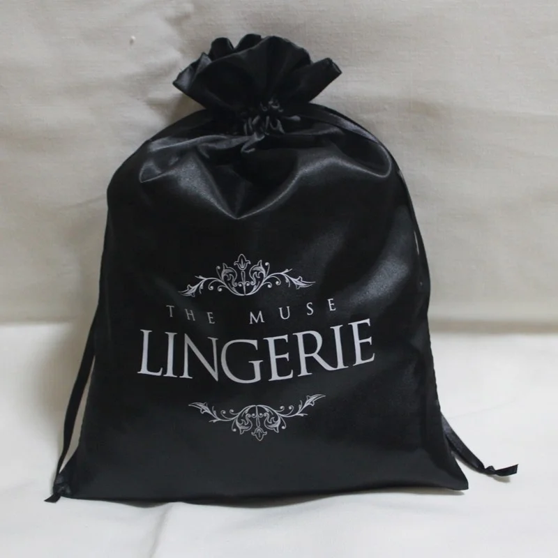 Индивидуальная большая черная атласная сумка на шнуровке для нижнего белья с пользовательским логотипом