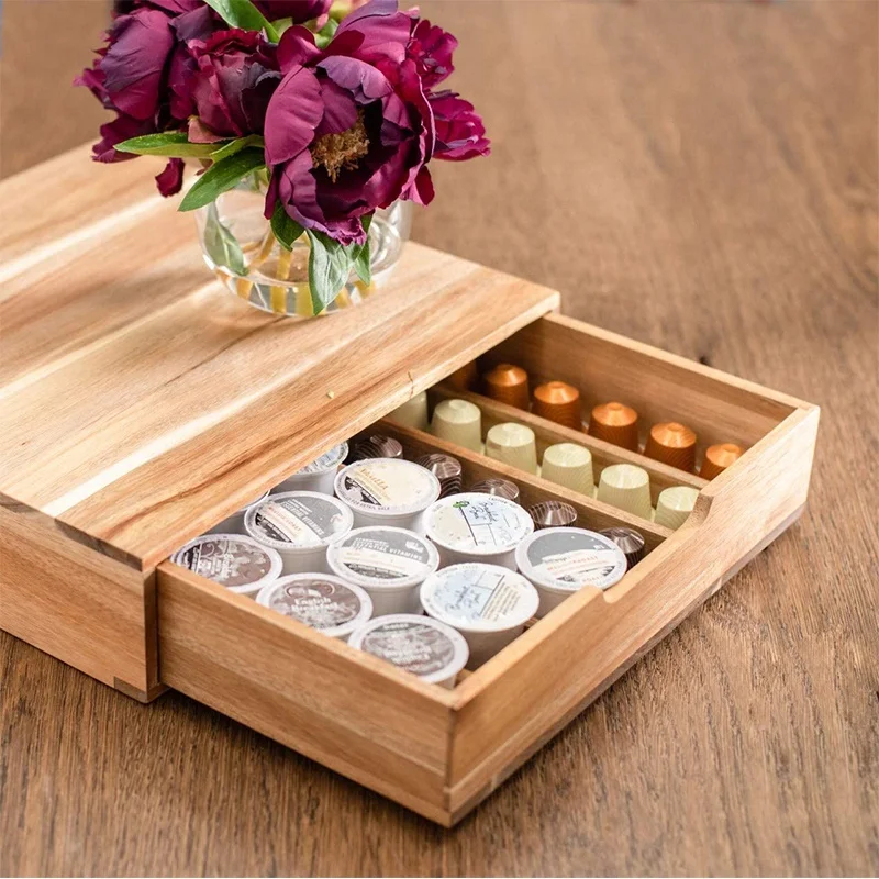 Wholesale compartment storage box wooden storage holder solid wood coffee pod drawer