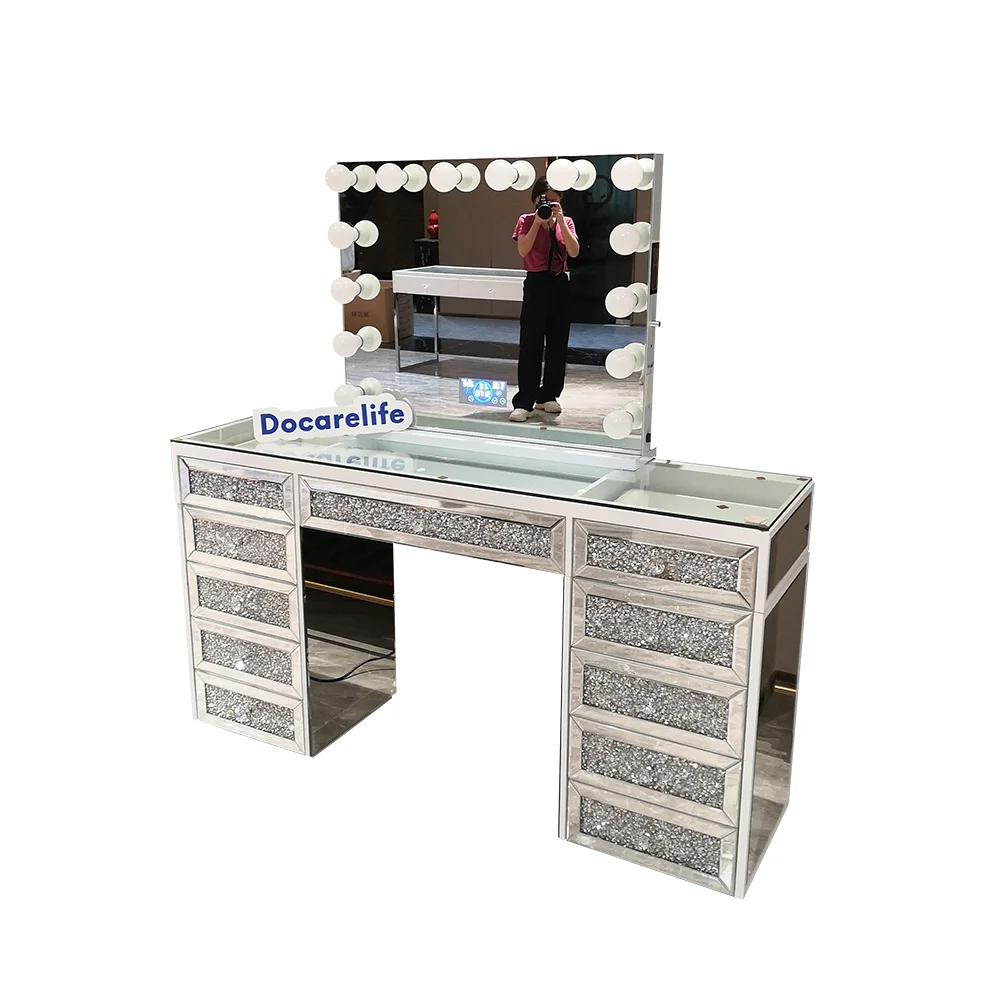 Stock in USA! Docarelife Bedroom Crushed Diamond Lighted Makeup Station Glass Top Mirrored Dressing Table
