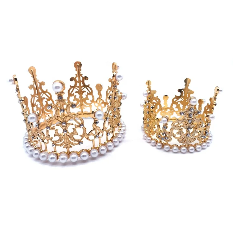 11.5*7.5cm Wholesale Round Baroque Cake Crown ivory pearl crystal Rhinestone Tiaras