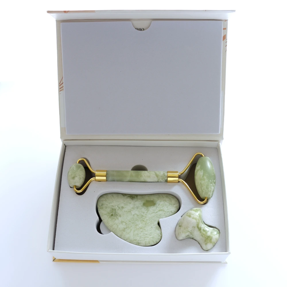 Hot design 3 in 1 natural jade stone gua sha and jade roller Scrapping facial Massage Tool with logo box,mini jade roller set