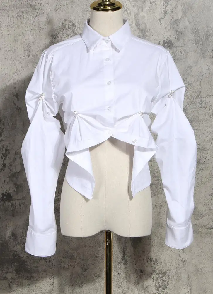 2020 spring new arrivals fashionable design women sewn pearl sleeve shirt pleated long sleeves cotton ladies top blouse