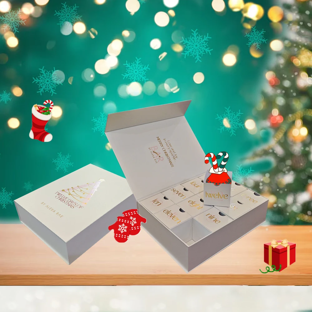 Luxury White Cardboard Custom 12 Days Christmas Advent Calendar Spot Gold Foil Magnetic Gift Box
