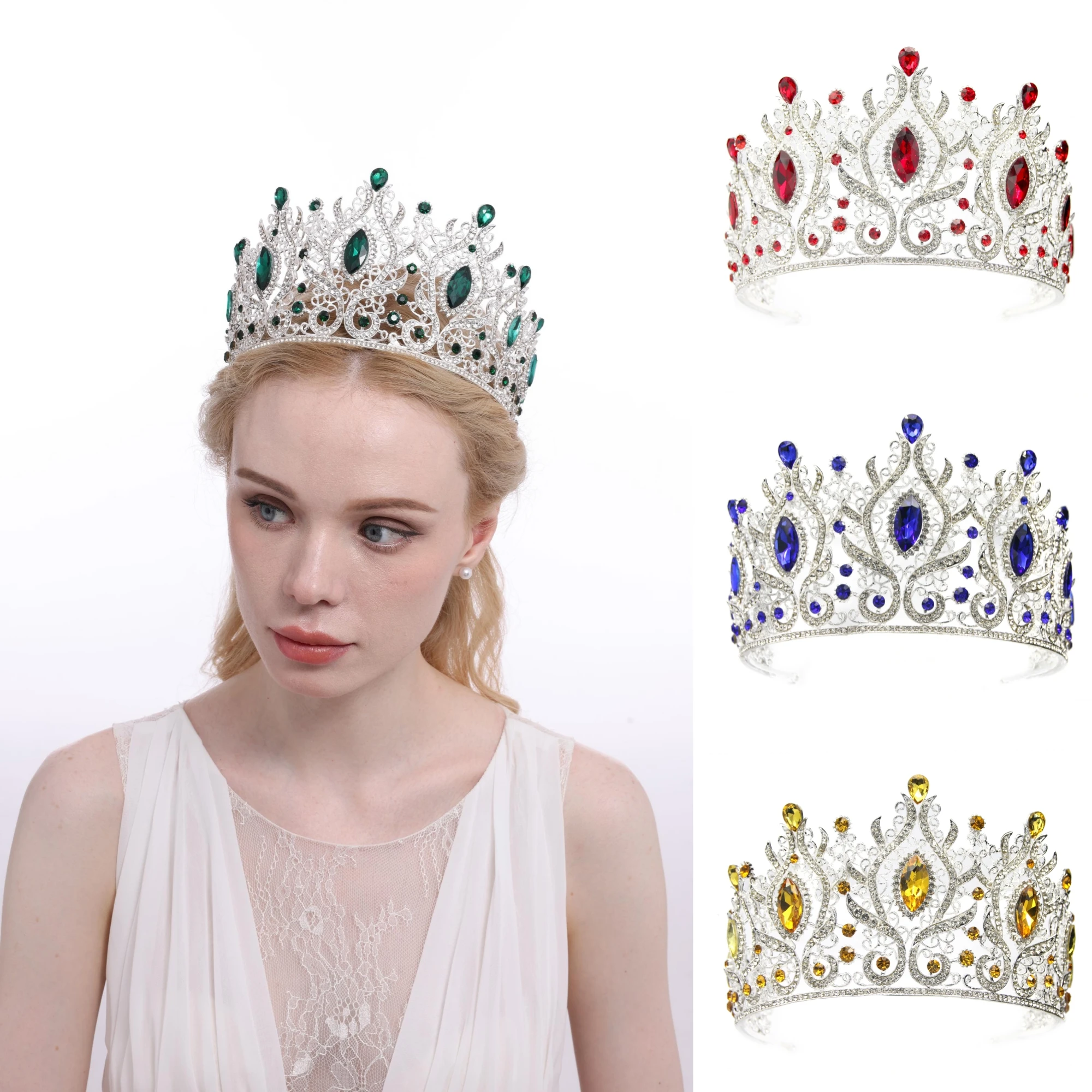 Big Luxury Baroque Rhinestone Emerald Green crystal silver Pageant wedding bridal Crowns and Tiaras for queen