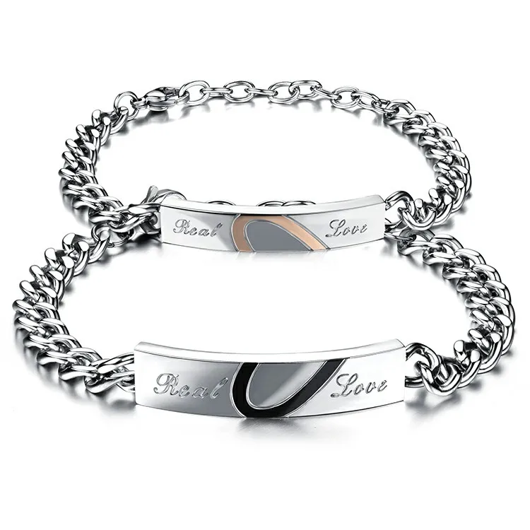 Marlary OEM Bracelet Engraved Couples Stainless Steel Real Lover Valentine Gift Link Chain Bracelets