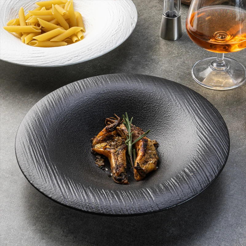 7.5/9.25/11.25inch OEM wholesale restaurant hotel Stone grain Ceramic porcelain Black and white soup pasta plate