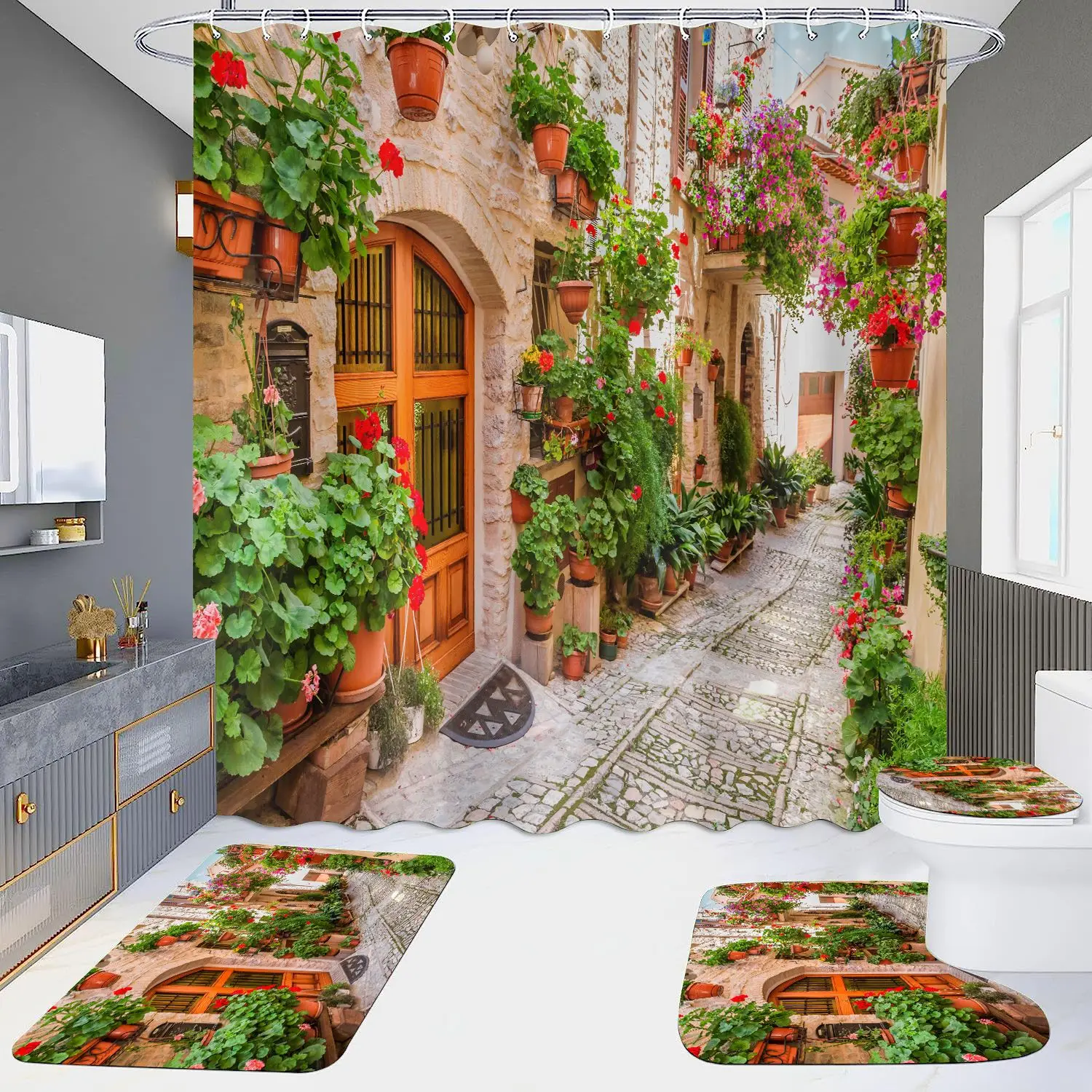 Custom any design Greek Key Gold and Black Luxurious 4 Piece Bathroom Decor Set Traditional Meander Border Shower Curtain