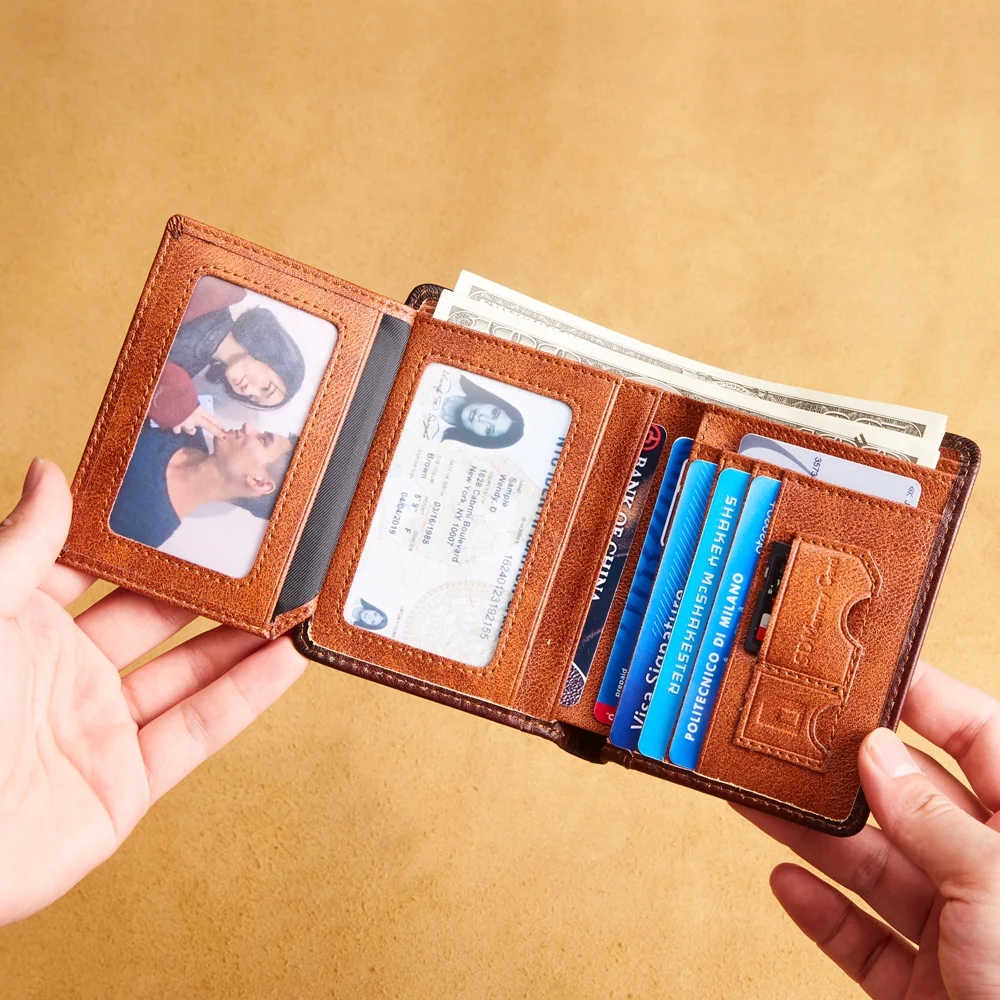 Custom Full Grain Vegetable Tanned Leather Trifold Men RFID Wallet with Sim Card Slot