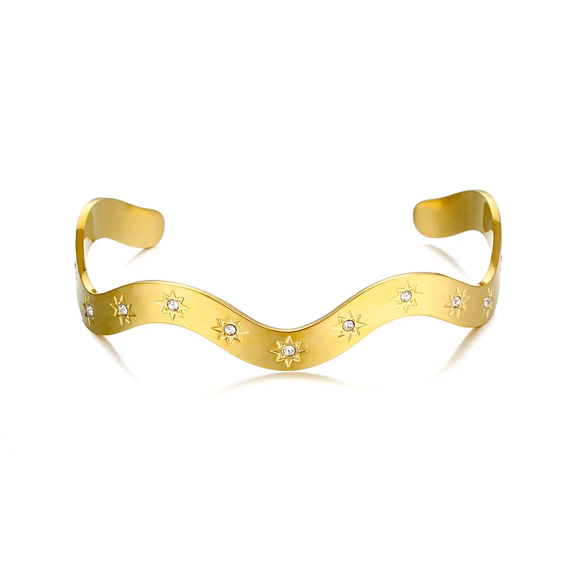 Man Woman unisex Stainless Steel inlayd diamond North Star Wave Cuff Bracelets