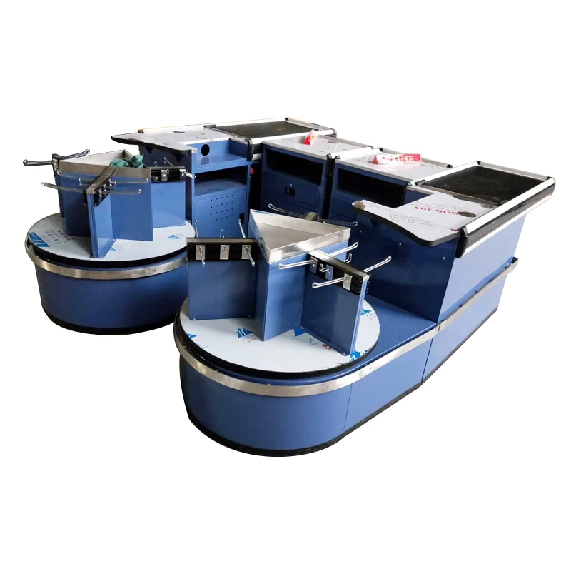 Xinbaihui Motorized Supermarket Checkout Counter With Conveyor Belt Rotating Bag Holder Grocery