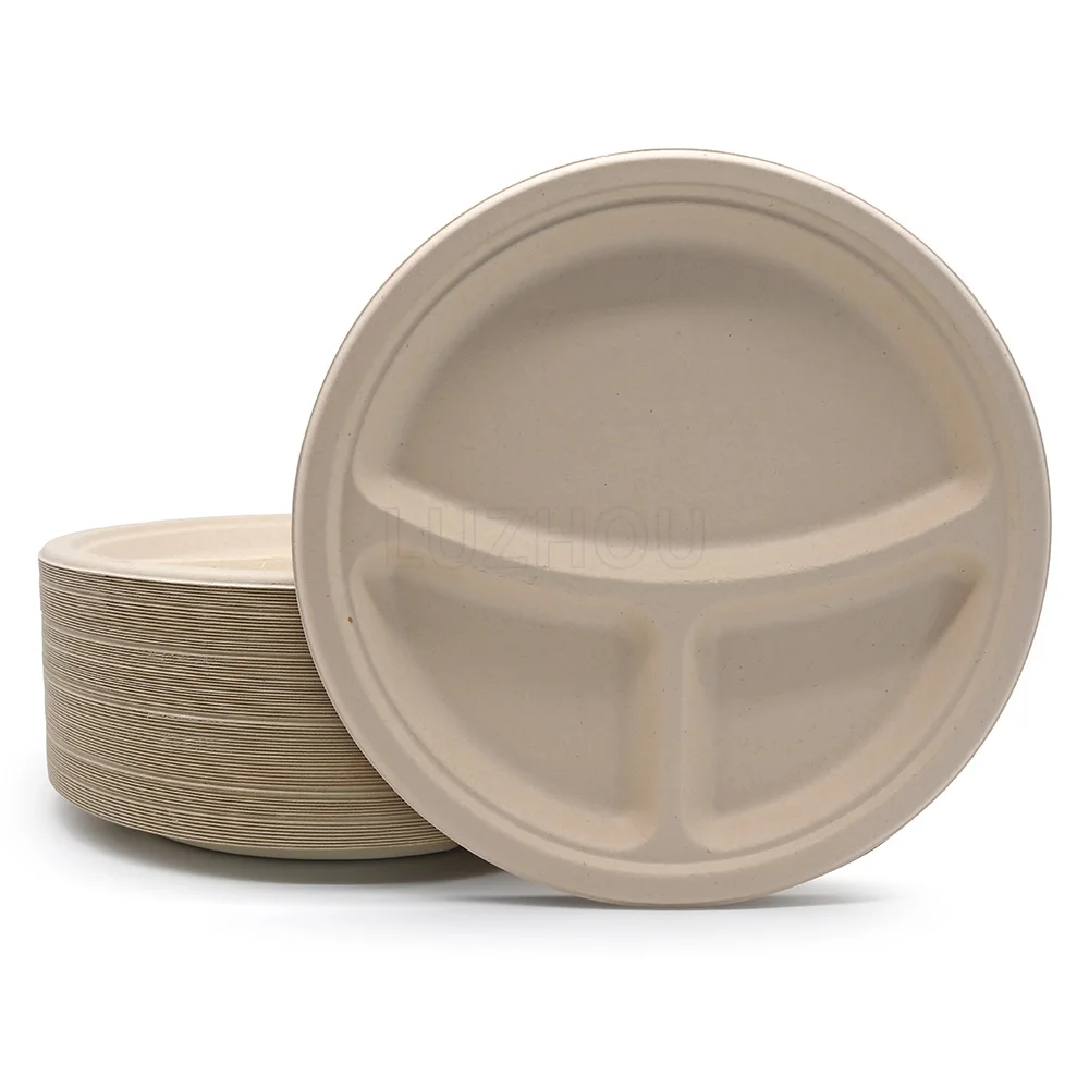 9 Inch 3-Comp 100% Biodegradable & Compostable bagasse sugarcane disposable dinner plates china