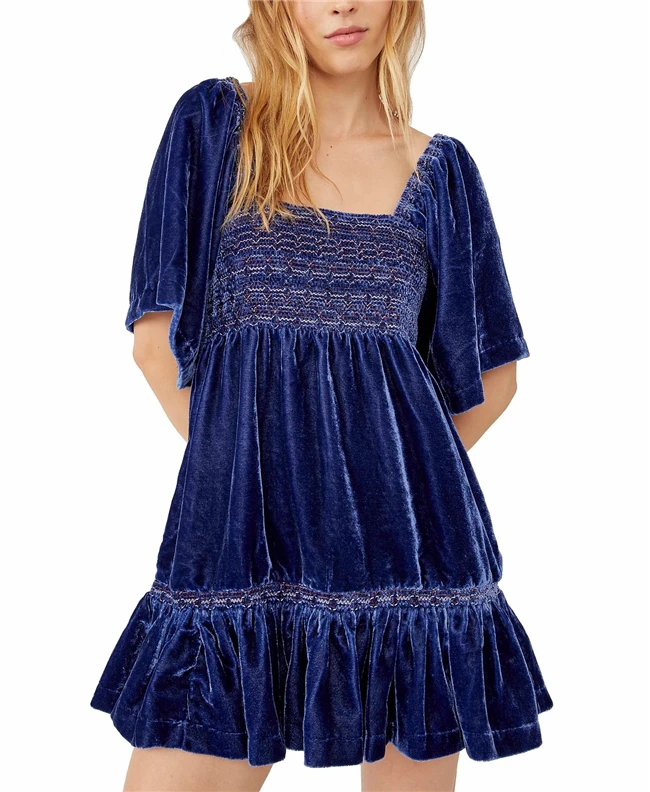 2022 Summer Trending Casual Women Short Sleeve Backless Smocked Ruffle Velvet Mini Dresses with Bow Tie