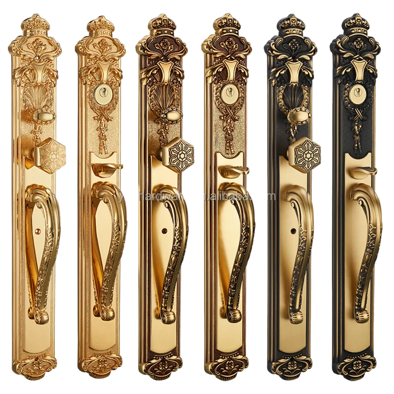 Hot selling 2K gold noble brass carved main door wooden door lock villa brass door handle lock set