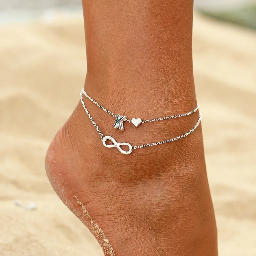 Анклет Boho Initial в форме сердца бесконечности серебряного цвета цепочка на ногу 26 букв для