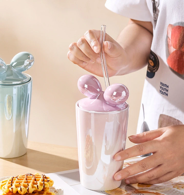 Mug office teacup water cup creative high-value bow ceramic cup with glass straw and metal spoon