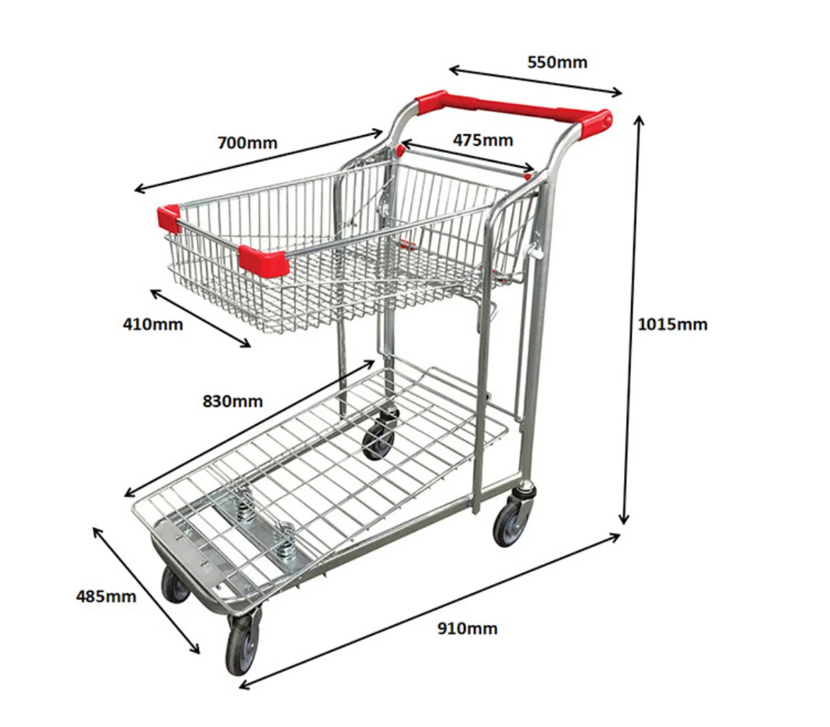 Supermarket Chrome Grocery Shopping Cart Heavy Duty Metal Basket Platform Trolley