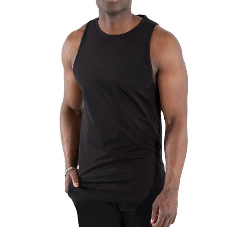 High Quality Men Training Workout Cotton Tank Top Gym Singlet Line Decoration Scallop Hem Side Split Black Tank Tops Men