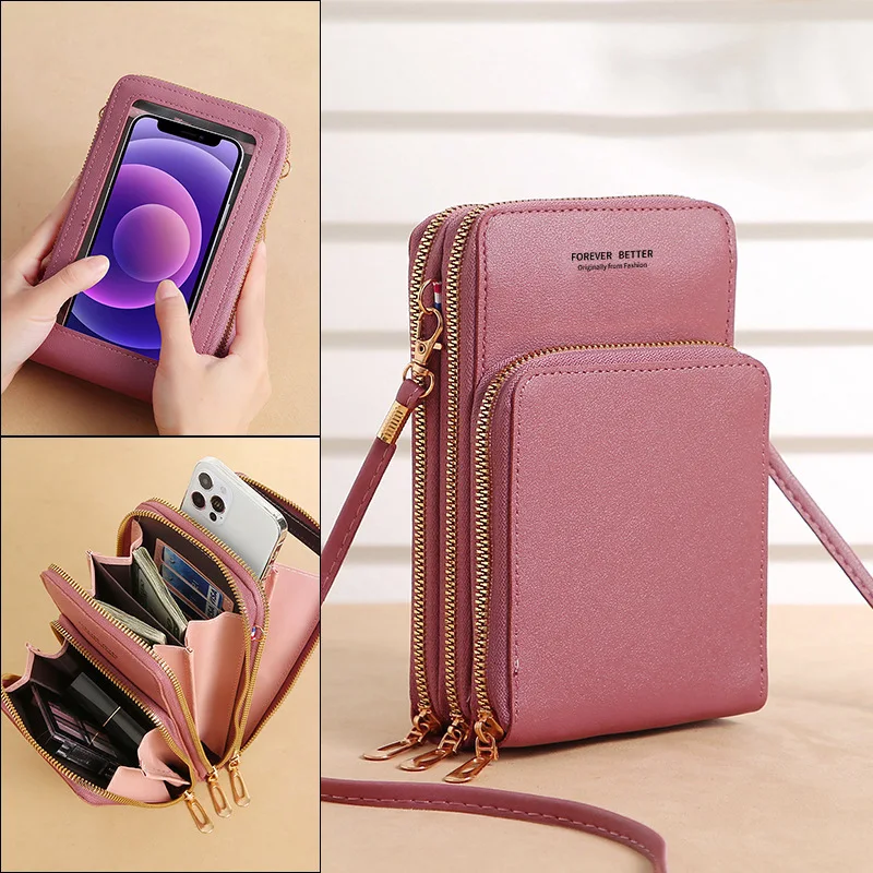 Hot Soft Leather Wallets Touch Screen Cell Phone Purse Cross body Shoulder Strap Handbag for Female