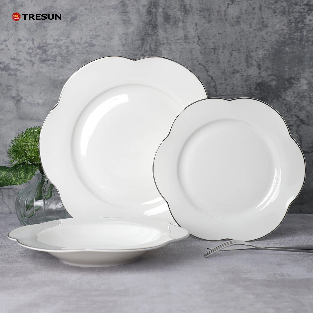 2023 factory china 18 pieces white individual print european new bone china dinnerware sets with silver rim