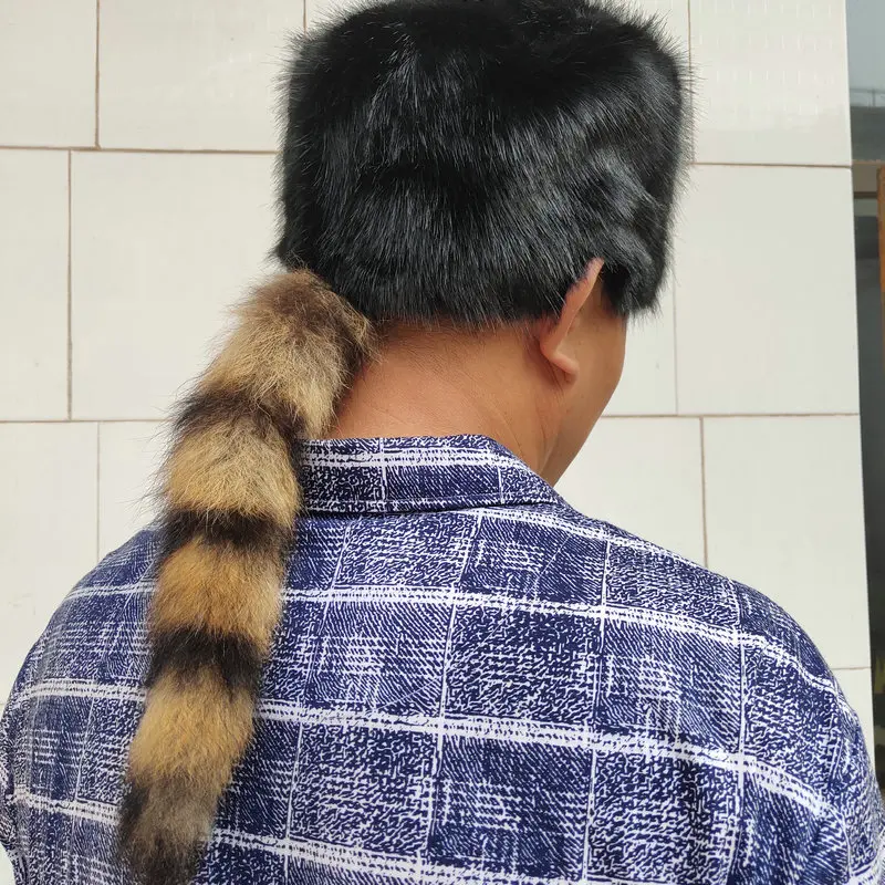 Custom Faux fur and real raccoon tail hat for men   Faux rabbit fur hat with tail