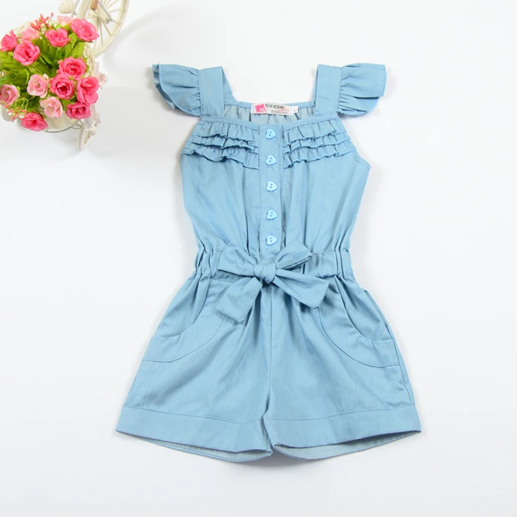 Hot Selling Summer Child Clothing Sweet Blue Ruffles Kids Girls One Piece Jumpsuit With Belt