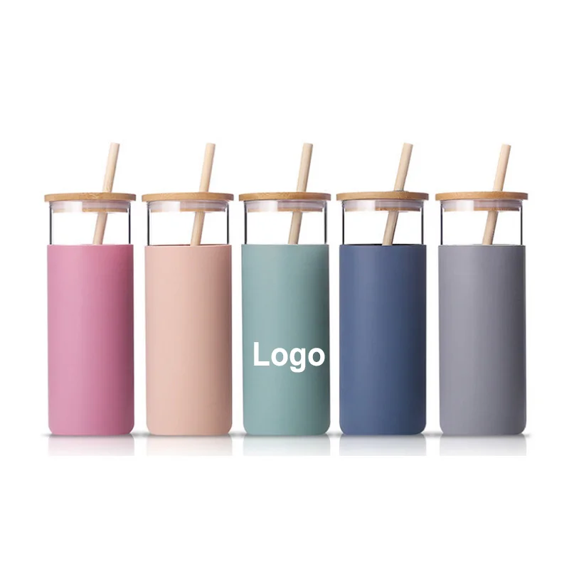 Customized eco-friendly Drink Glass Water Bottle Travel Mug Cup With Bamboo Lid and Straw with Silicone Protective Sleeve