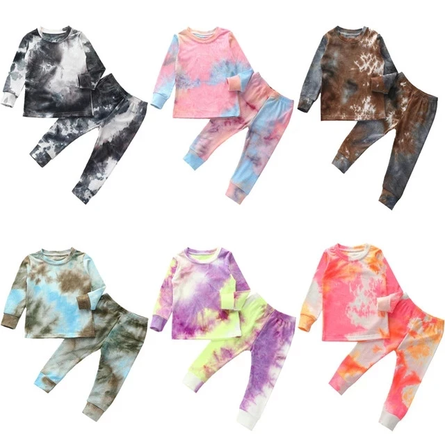 Fall Winter Baby Girls Boys Tie Dye Ribbed Knit Long Sleeve Tops Pants 2Pcs Toddler Kids Outfits Pajamas Lounge Wear Set