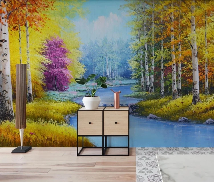 3d Brush Strokes Birch Forest Peel And Stick Wallpaper Oil Painting Art Vinyl Wallpaper Mural