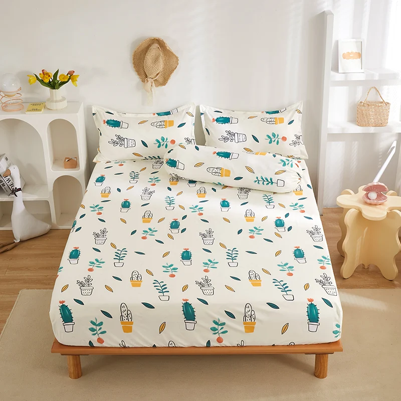 Wholesale Customized Printed Fitted King Size Bedsheet All-Around Elastic Rubber Band Washed Cotton Bed Linens for Hotels