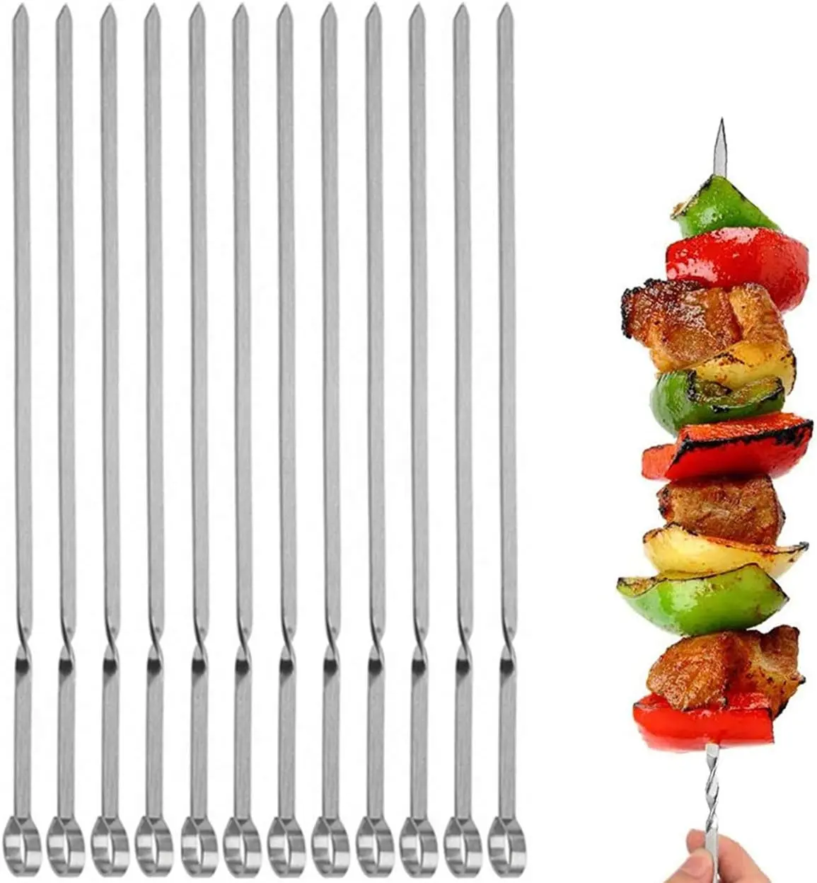 Kabob BBQ skewers stainless steel 14inch Flat Metal Grilling Skewers Set, Reusable BBQ Sticks kabob rack