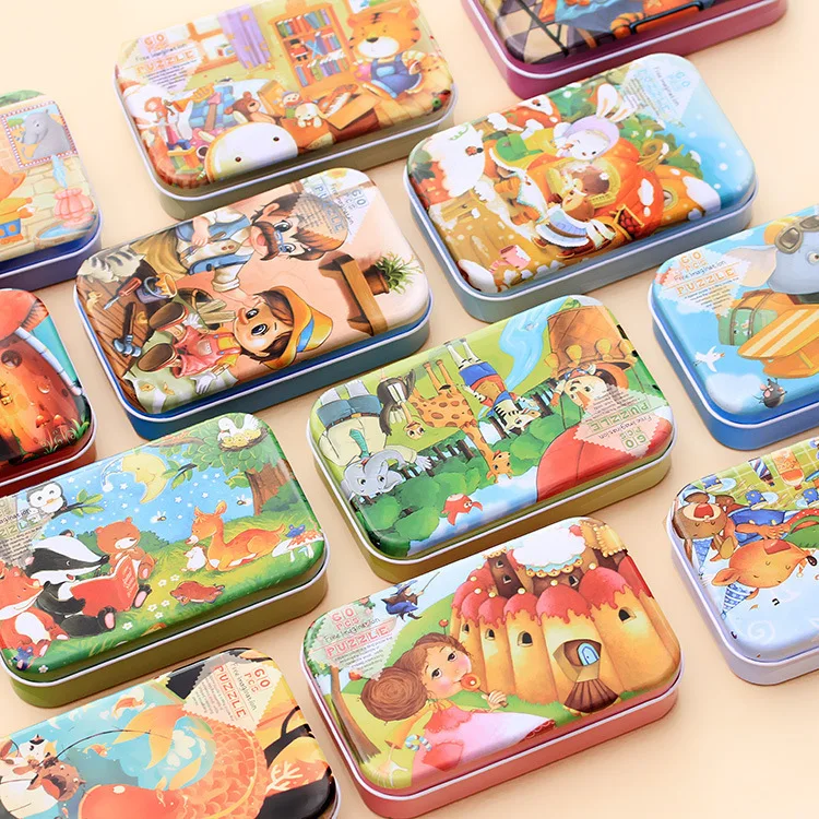 2024 Children Wooden 60piece Iron Box Cartoon Animal Jigsaw Puzzle Game Toy Preschool Early Education Toys For Kids Boys Girls