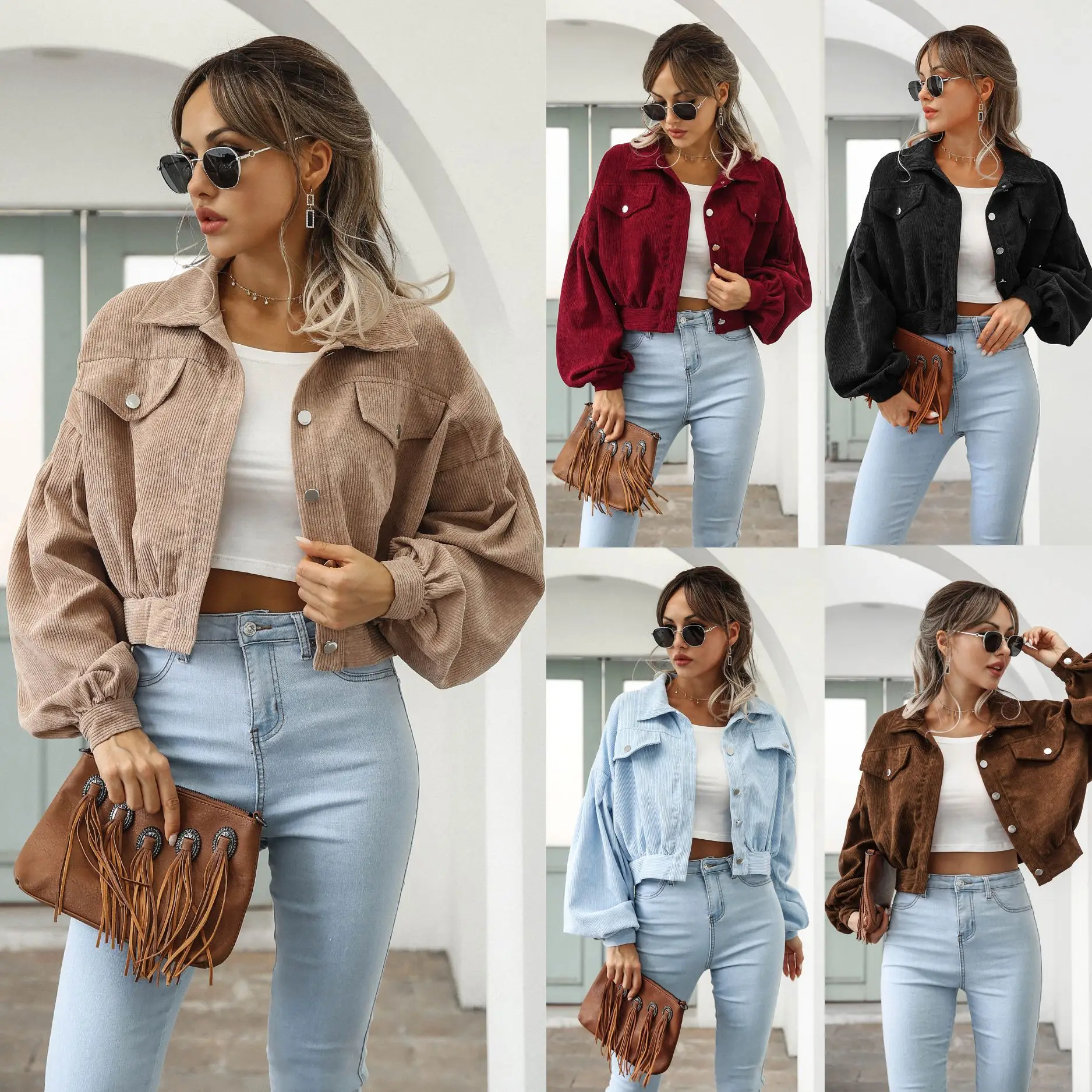 2021 New Autumn Solid Turn Down Collar Jacket Coat Fashion Ladies Drop Shoulders Corduroy Jacket