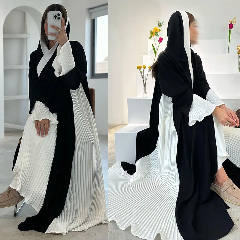 Turkey Muslim Clothing Dress Long Sleeve Maxi Robes Ladies Black And White Crinkle Pleated Abaya Gown Front Open Cardigan Kaftan