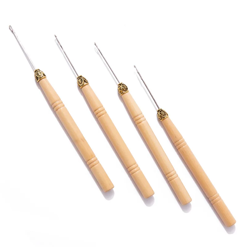 Hook Needle Hair Tools Wooden Handle Needles Micro Rings Pulling Needle Threader For Loop Hair Extension tools