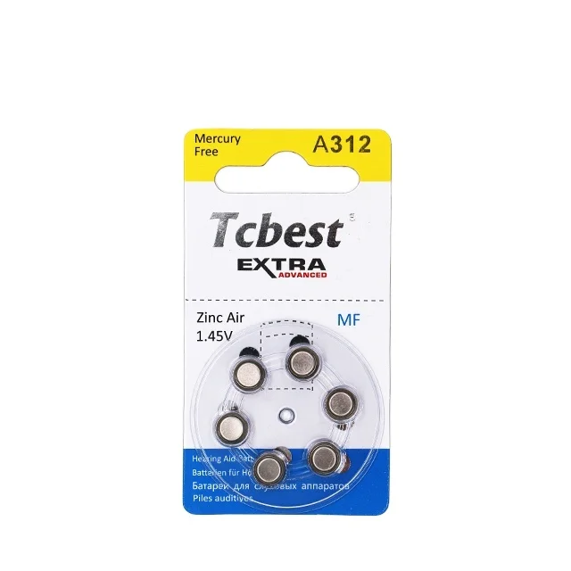 2022 shenzhen tcbest well design zinc air battery A312 for hearing aid in 6 pcs package