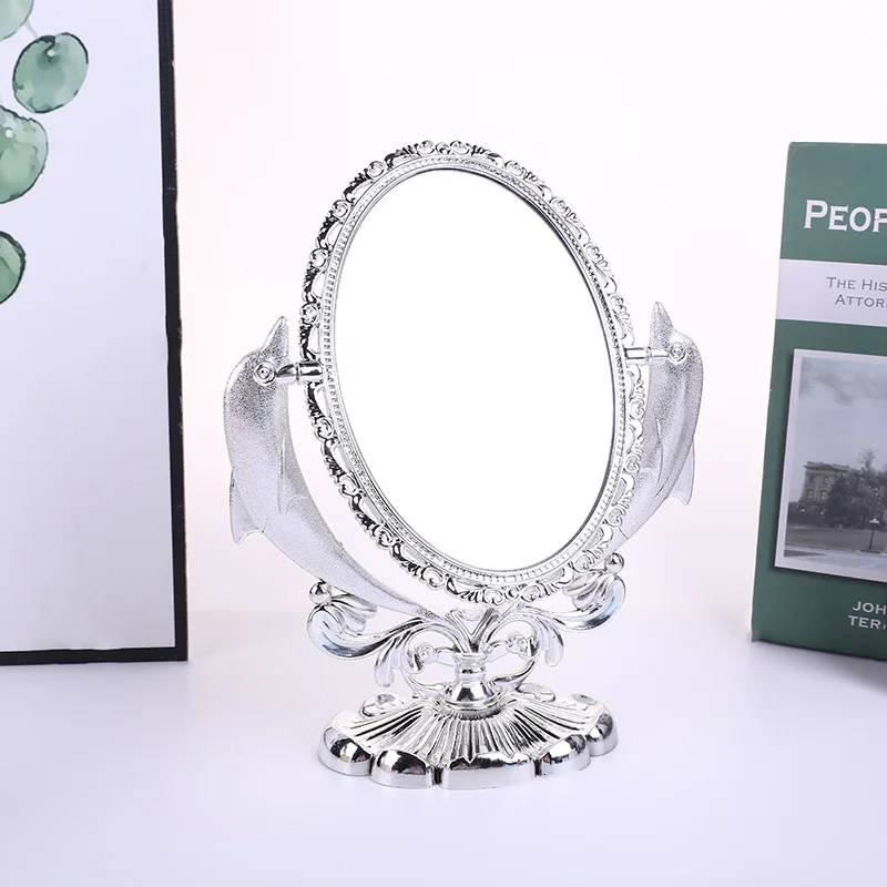 Gold silver European desktop double-sided mirror creative dolphin desktop makeup mirror double-sided rotating beauty mirror