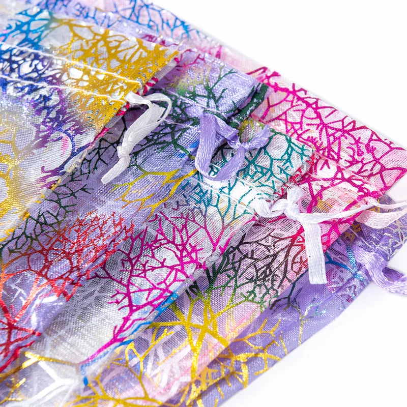 Organza Drawstring Bags For Jewelry Packaging Multi-size Colorful Trees Printing For Party Wedding Candy