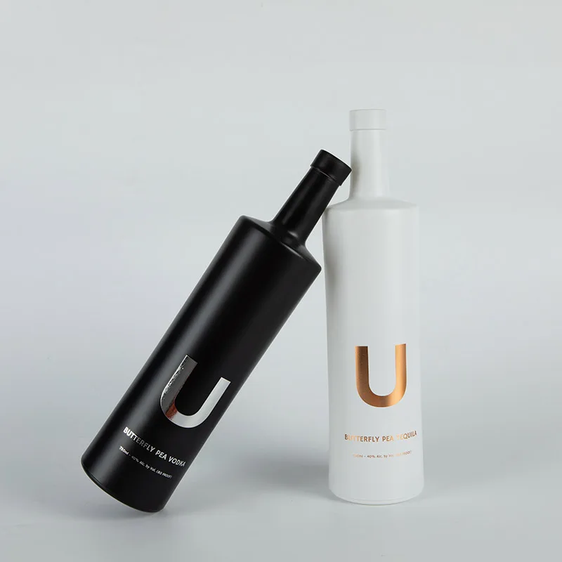 Unique flat shoulder glass spirits bottle custom white black liquor spirits glass bottle for vodka gin whiskey