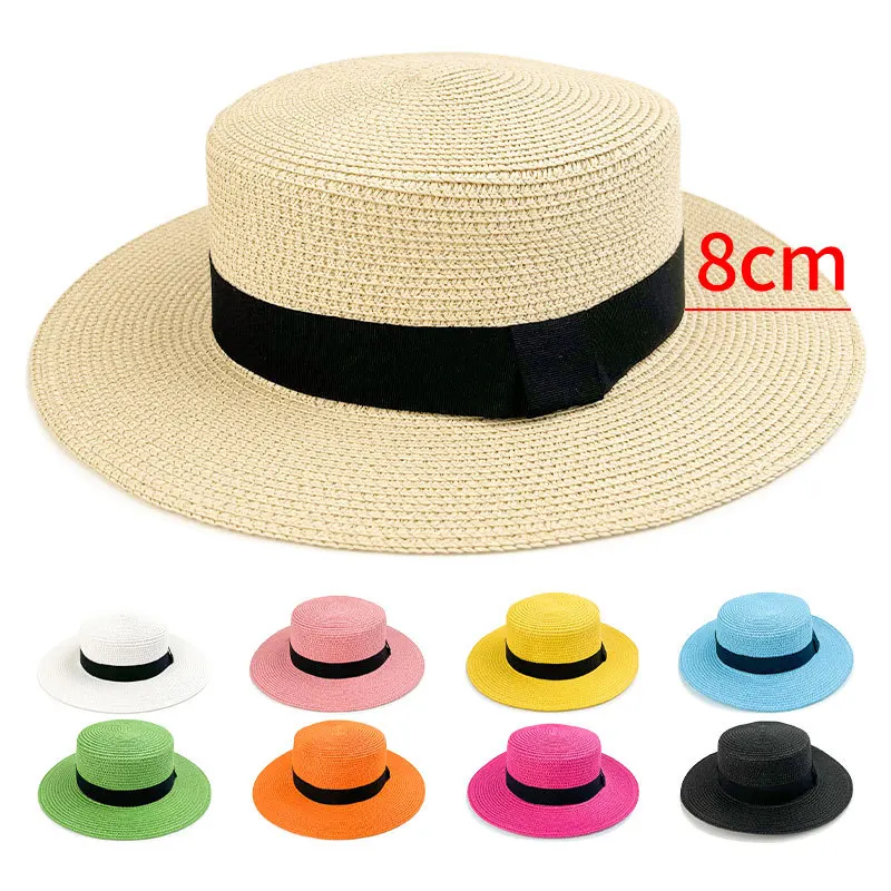HT-2183 Custom Square Buckle Round Top Panamanian Straw Flat Top Hat Summer Tourism Sunshade Large Brim Fisherman hats