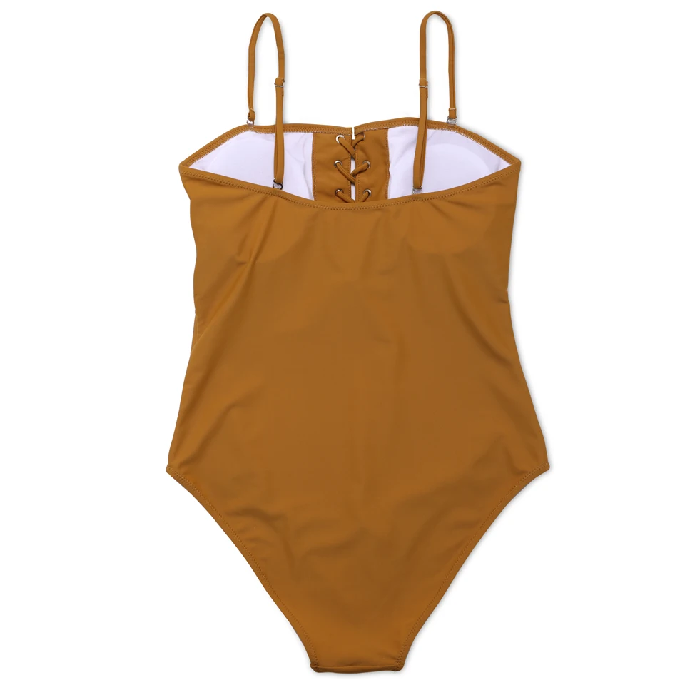 
Earth Yellow Solid Crisscross Lace Up Bandeau High Cut One Piece Swimsuit Bathing Suits Women Swimwear Bathing Suit Monokini 